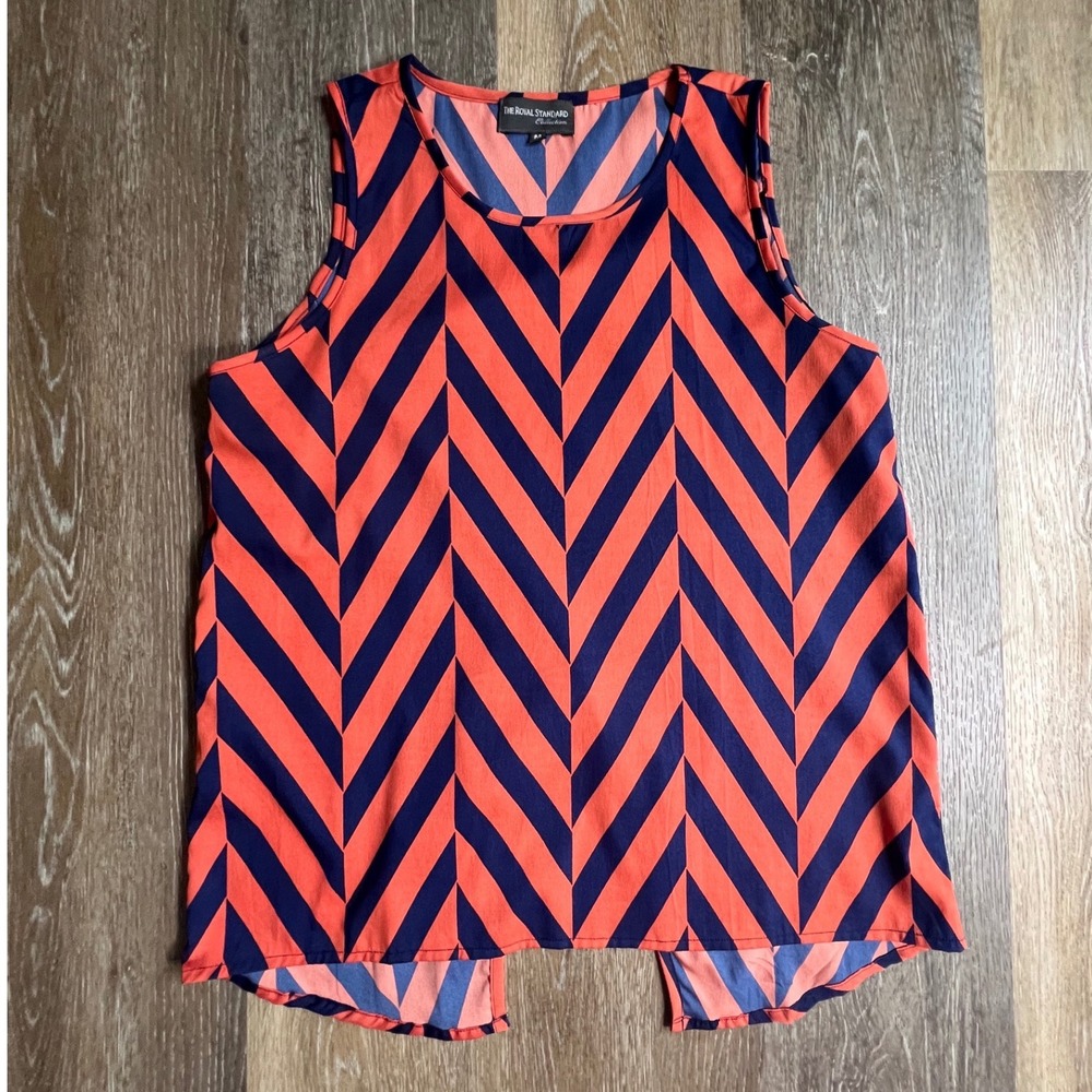 The Royal Standard Tank Top Womens Medium‎ Orange Navy Chevron Split Back Shell